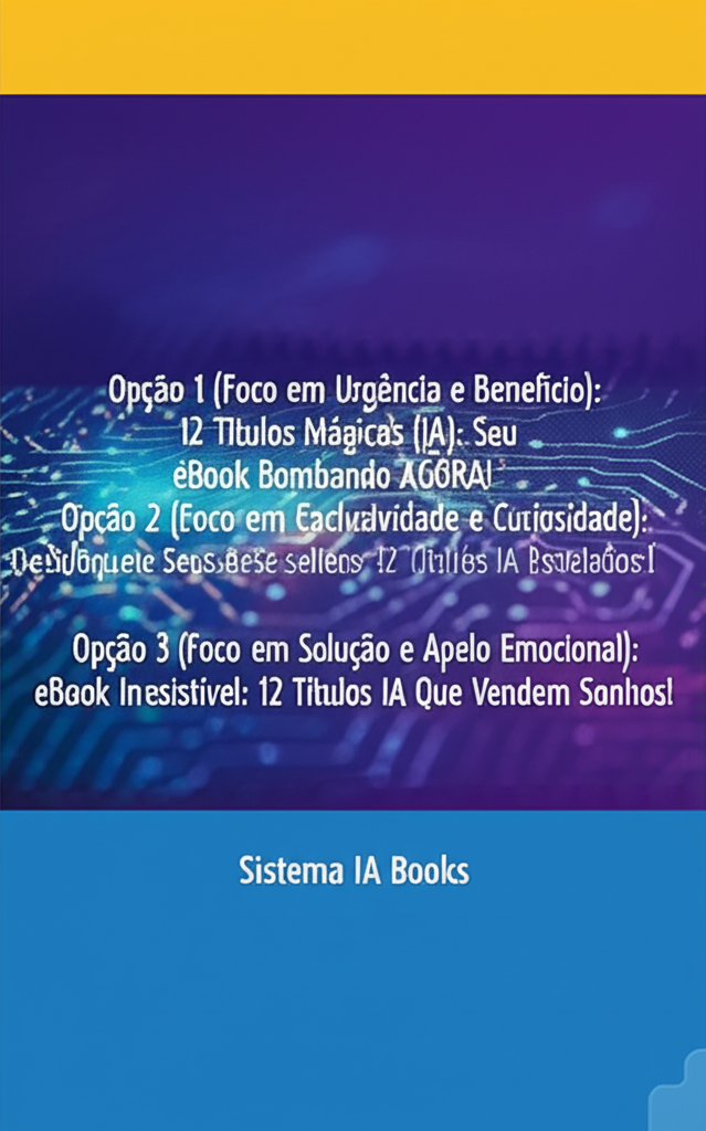**Opção 1 (Foco em Urgência e Benefício):**12 Títulos Mágicos (IA): Seu eBook Bombando AGORA!**Opção 2 (Foco em Exclusividade e Curiosidade):**Desbloqueie Seus Best-sellers: 12 Títulos IA Revelados!**Opção 3 (Foco em Solução e Apelo Emocional):**eBook Irr