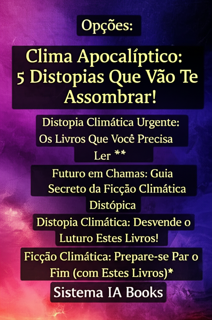**Opções:*** **Clima Apocalíptico: 5 Distopias Que Vão Te Assombrar!*** **Distopia Climática Urgente: Os Livros Que Você Precisa Ler!*** **Futuro em Chamas: Guia Secreto da Ficção Climática Distópica*** **Distopia Climática: Desvende o Futuro Lend